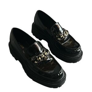 Aldo Black Patent Loafers with Gold Chain, 7